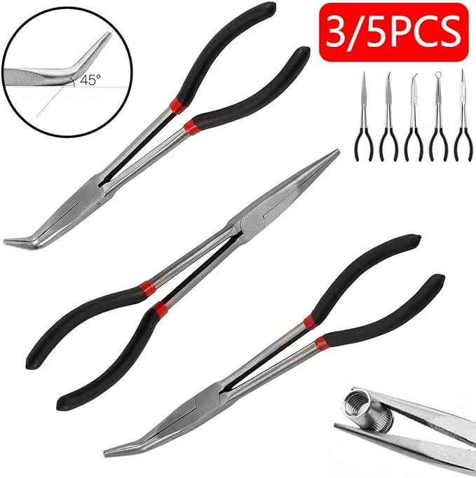 3 Pcs Needle Nose Pliers Set11 Inch Carbon Steel Long Reach Pliers Non-slip Straight 25째/45째/90째 Bent Nose O-Shaped Circle Pliers for Machinist Engineer Narrow Spaces