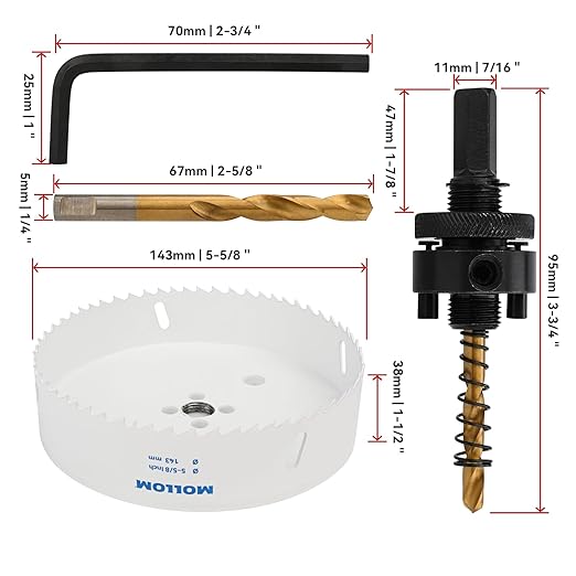 Mollom (143mm | 5-5/8") HSS M42 with 8% Cobalt BI-Metal Hole Saw with 2 Pilot Drill Bits & Arbor Smooth Cutting for PVC,Drywall,Wood,Plastic,Gypsum Board,Rubber