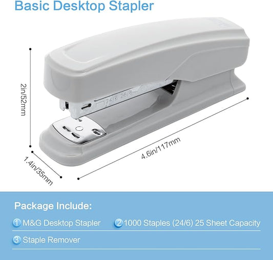 M&G Desktop Stapler with 25 Sheet Capacity, Two Binding Modes, Basic Stapler Set with 1000 Staples and Remover, Durable Staplers for Office School Home (Grey)