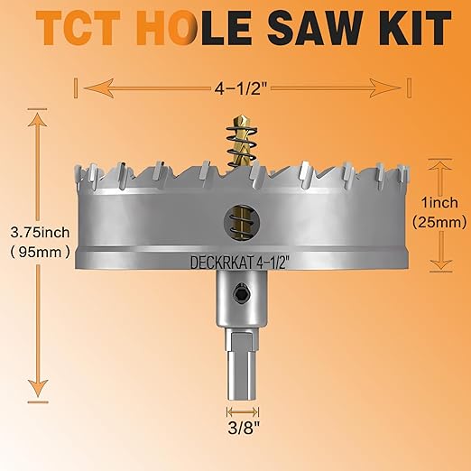 4-1/2" TCT Hole Saw for Hard Metal, Heavy Duty 115mm Tungsten Carbide Tipped Hole Cutter with Spring-Loaded Pilot Drill Bit for Stainless Steel, Metal, Iron, and Plastic.