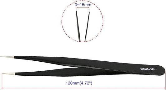 Aoje-Link ESD-10 Professional Anti-Static Precision Technology Tweezers, Non-magnetic Straight Pointed Tip, Stainless Steel Plastic Coated, Full Length 120mm, Black, 2pcs