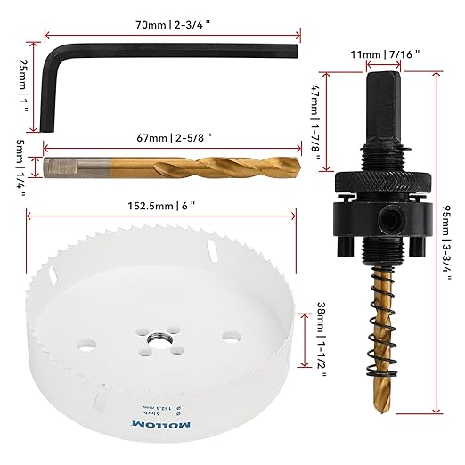 Mollom (152.5mm | 6") HSS M42 with 8% Cobalt BI-Metal Hole Saw with 2 Pilot Drill Bits & Arbor Smooth Cutting for PVC,Drywall,Wood,Plastic,Gypsum Board,Rubber