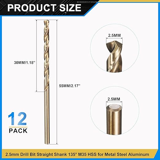 PATIKIL 2.5mm Drill Bit, Jobber Straight Shank M35 Cobalt 5% High-Speed Steel 135째 Gold Finish for Stainless Steel Hard Metal - 12 Pack