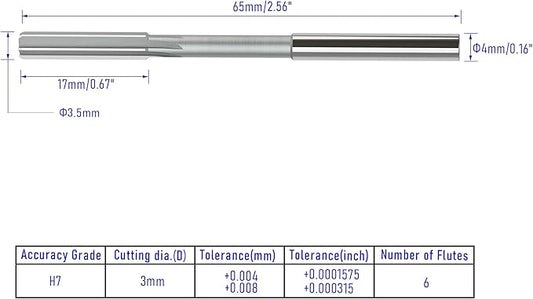 Chucking Reamer 3.5mm, H7 HSS Cobalt M35 Lathe Machine Reamer Metric, 6 Straight Flutes, Round Straight Shank Milling Cutting Tool, for Stainless Steel Alloy Copper Metal