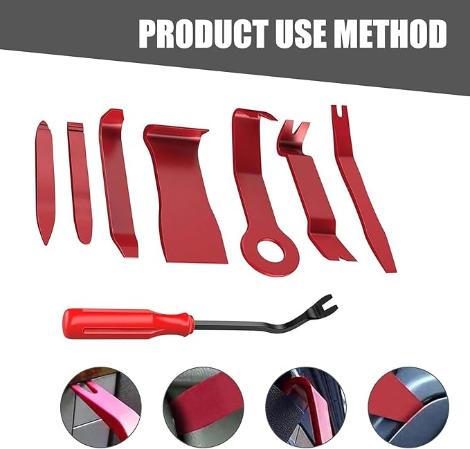 8 PCS Car Trim Removal Tool Kit, Panel Fastener Clips Removal Tool, Vehicle Plastic Upholstery Crowbar for Removing Car Audio, Dashboard, Window Trim Fastener (Red)