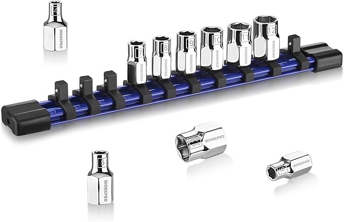 WORKPRO 1/4" Drive Socket Set, 10-Piece Metric CR-V Socket Set with Sturdy Socket Organizer, 6-Point Standard & Shallow Sockets 4mm to 13mm, External Hex Socket Set with Socket Rail for Anti Rolling