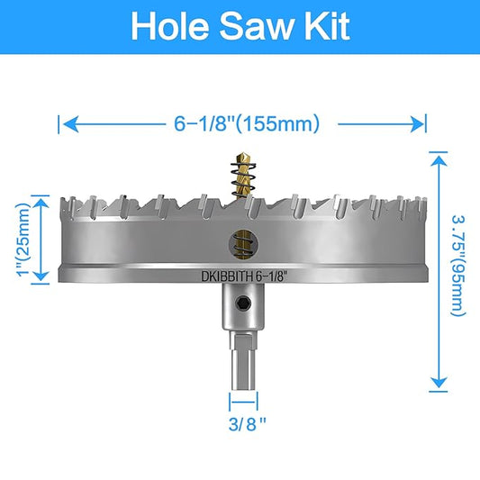 DKIBBITH TCT Hole Saw Set, 6-1/8"(156mm) Heavy Duty Tungsten Carbide Tipped Hole Cutters for Stainless Steel, Copper, Iron, Brass, Plastic with Titanium-Plated Pilot Drill Bits