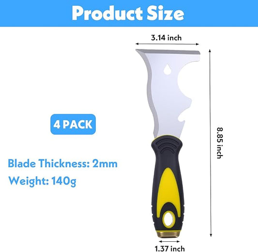 4 Pack Paint Scraper, Multi Use Paint Tools Putty Knife 10 in 1, Paints Scraper Tools for Painting, Metal Scrapers with Hammer End, Taping Knife, Spackle Tool