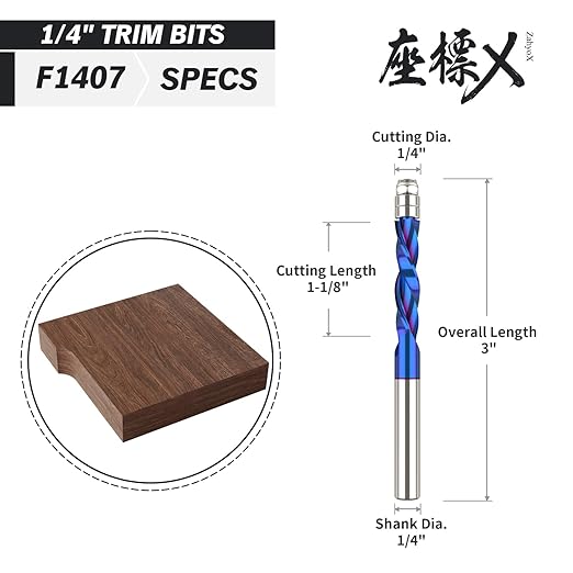ZahyoX Downcut Spiral Flush Trim Router Bit, NACO Coated Solid Carbide Flush Trim Straight Router Bit with Double Bearing, 1/4" Cutting Dia, 1/4" Shank, 1-1/8" Cutting Length, 3" Overall Length