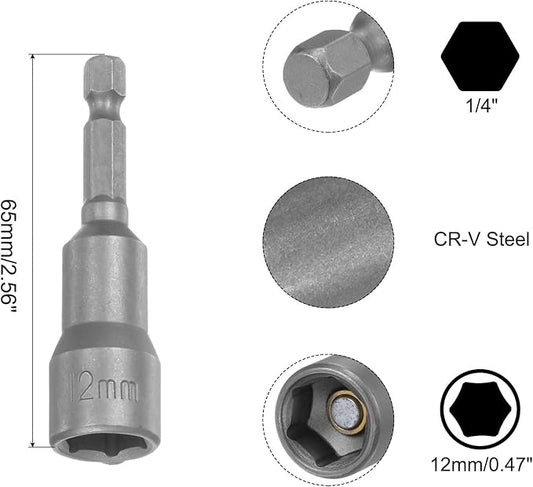 uxcell 12mm Magnetic Hex Socket 65mm/2.56", 1/4" Hex Shank Magnetic Power Nut Driver Set CR-V Quick-Release Extensions for Impact Drill Nut Setters Socket Wrench Screw, 2 Pcs
