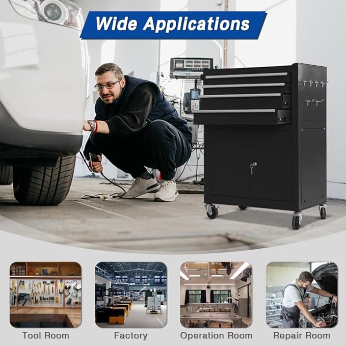 Tool Chest 13-Drawer with Double Door and wheels, Large Detachable Toolbox with Sliding Drawers, Mechanic Tool Box Storage Cabinets, Metal Tool Cart for Garage Workshop (BLACK)