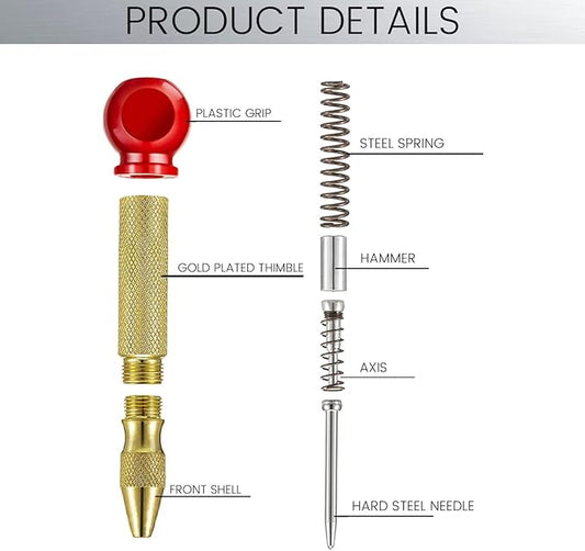 Performore Automatic Center Hole Punch With Hardened Steel, Includes Two Replacement Tips Adjustable Spring Metal Drill Tool with Cushion Cap, Hand Tool for Metal or Wood Glass Window