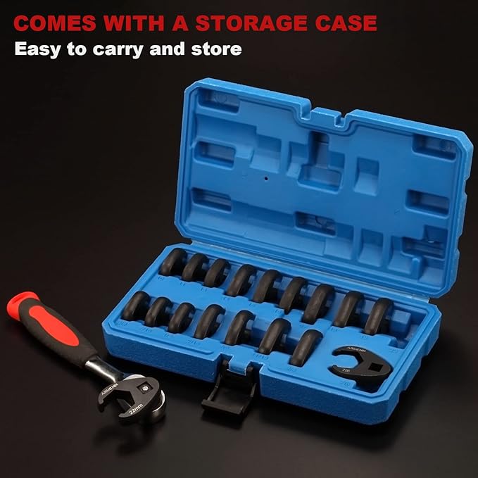 ARUCMIN 3/8" Drive Crowfoot Flare Nut Wrench Set,18-Piece Chrome Vanadium Steel Crows foot Wrench Set SAE & Metric 3/8"-7/8" and 10-22mm with Organizer Box