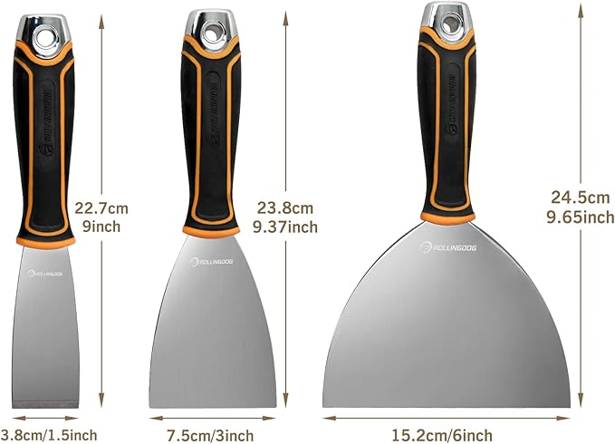 ROLLINGDOG Putty Knives - Putty Knife Scraper,Putty Knife Set for Paint Scraper,Drywall Repair Mud Knife and Wallpaper Stripping,Pack of 3 (1.5" 3" 6")