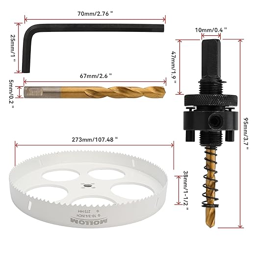 Mollom (273mm | 10-3/4") HSS M42 with 8% Cobalt BI-Metal Hole Saw with 2 Pilot Drill Bits & Arbor Smooth Cutting for PVC,Drywall,Wood,Plastic,Gypsum Board,Rubber