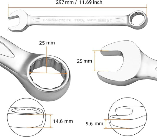 Jetech 25mm Combination Wrench, Industrial Grade Cr-V Steel Spanners with Precise 12 Point Opening, Off-Corners Design