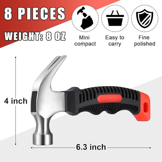 8 Pieces Small Hammer 12 Ounce Mini Hammer for Kids Women Men, Lightweight Melt Claw Hammers Bulk with Hardware Nails for Hanging Pictures Crafts Tent Kit (Orange and Black)