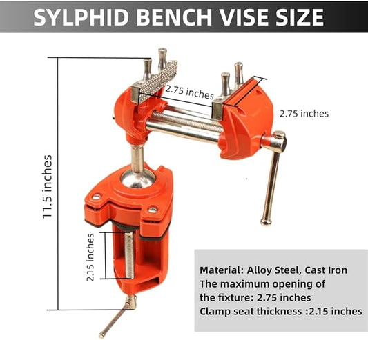 SYLPHID Bench Vise 3 Inch Heavy Duty, 360째 Swivel Base & Clamp-On Workbench Vise, Cast Steel Multi-Purpose Table Vice for Woodworking, Metalworking, Drilling, Sawing, DIY Projects