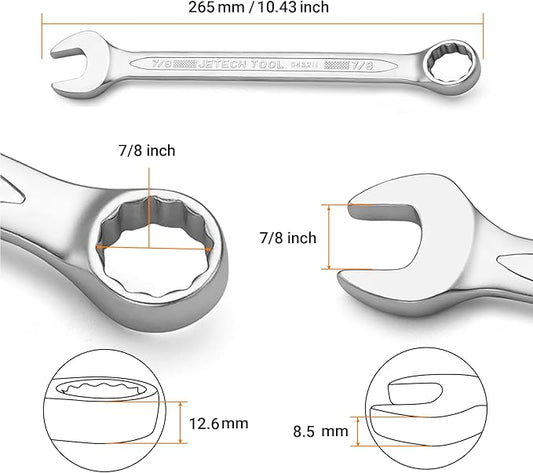 Jetech 7/8 Inch Combination Wrench - Industrial Grade Spanners with 12-Point Design, 15-Degree Offset, Made with Durable Chrome Vanadium Steel in Sand Blasted Finish,SAE