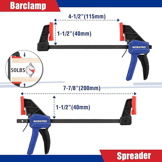WORKPRO 8-Piece Clamp Set for Woodworking, 4-pack 4-1/2" Mini Bar Clamps and 4 Spring Clamps, Light-Duty Quick-Change Clamp/Spreader with 50 lbs Load Limit