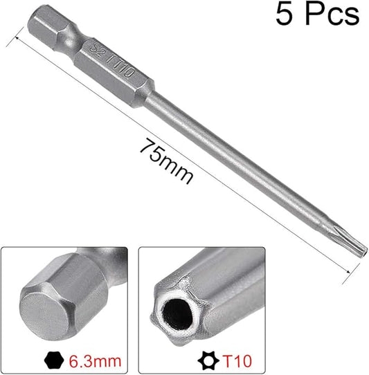 uxcell 5 Pcs T10 Magnetic Torx Screwdriver Bits, 1/4 Inch Hex Shank 3-inch Length S2 Security Tamper Proof Screw Driver Kit Tools