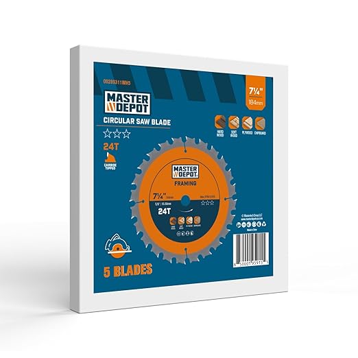 7-1/4 Inch 24T Framing Circular Saw Blade, Carbide-Tipped ATB, Thin Kerf, Anti-Vibration, 5/8" Arbor, Professional Framing & Fast Ripping Saw Blade for Wood, OSB & Plywood (5-Pack)