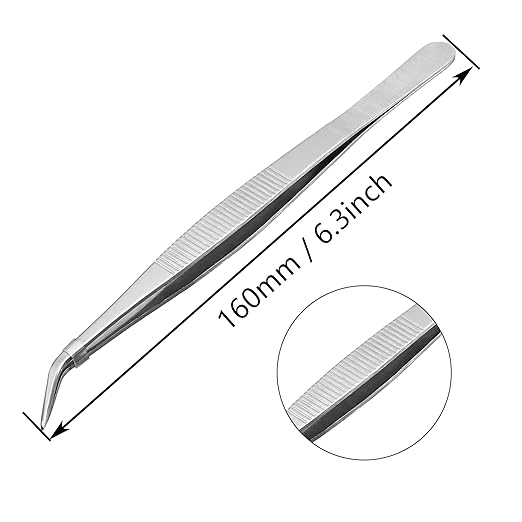 6.3Inch Long Forceps Tweezers, Serrated Bent Flat Tips Precision Curved Science Tongs Jewelers Needle Metal Sewing Sharp Small Kitchen Cooking Tweezers with Teeth Knurled Handles (1PCS-140mm)