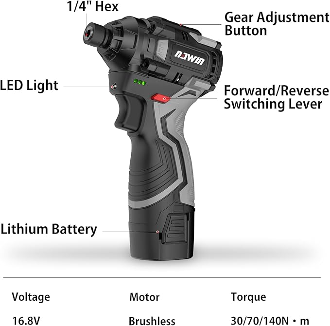 Cordless Impact Driver Kit 16.8V Max Torque 140Nm竊?05ft-lbs竊덳igh Rotation Electric Impact Driver Brushless Motor Continuously Variable Rechargeable 1/4" impact driver 2.0Ah Batteries