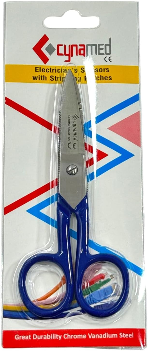 Electrical Wire Cutting and Stripping Scissors 5.25" Length | Electrician Electrical Repair Scissors | German Stainless Steel (1 Each - Blue)