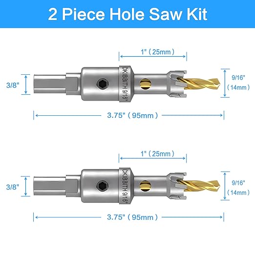 DKIBBITH TCT Hole Saw Set, 2-Pack 9/16" (14mm) Heavy Duty Tungsten Carbide Tipped Hole Cutters for Stainless Steel, Copper, Iron, Brass, Plastic with Titanium-Plated Pilot Drill Bits