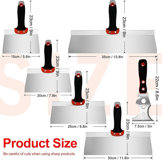 Drywall Taping Knife Set, 6 Pcs Stainless Steel Taping Knives Includes 6??8??10??12??14?? 3??Multifunctional Paint Scraper, Perfect Hand Tools for Drywall Joint Taping, Finishing and Patching