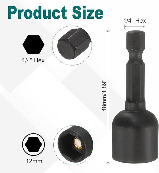 uxcell 2Pcs 1/4" Hex Shank 12mm Magnetic Hex Socket 48mm Length, CR-V Steel Quick-Release Impact Driver Socket Wrench Screw for Impact Drill Power Nut Setter