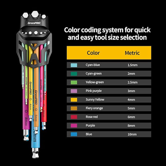 GRENPRO Allen Wrenches Sets, Hex Key Set, 9pcs Allan Wrench Sets Metric And Standard, Bike Wrench Tools Organizer With Color Coded, Long Alen Alan Keys sets, Large Mini Small Ball End Allen Wrench Set