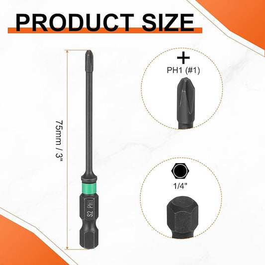 HARFINGTON 5pcs #1 Impact Phillips Screwdriver Bit PH1 1/4" Hex Shank 3" (75mm) Length 0.1" Rod Magnetic Cross Head Drill Bits S2 Steel Industrial Screw Drivers for Impact Power Tools