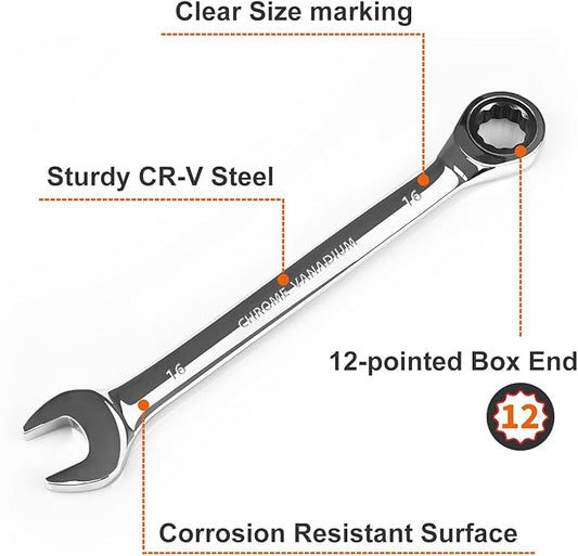 Egofine 16mm Ratcheting Combination Wrench Metric, Industrial Grade Gear Spanner with 12-Point Design, 72-Tooth Ratchet, Chrome Vanadium Steel