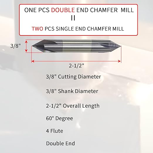3/8" Carbide Chamfer Mill, 60 Degree, Double End, 4 Flute, Solid Carbide, AlTiN Coated, 2-1/2" Overall Length