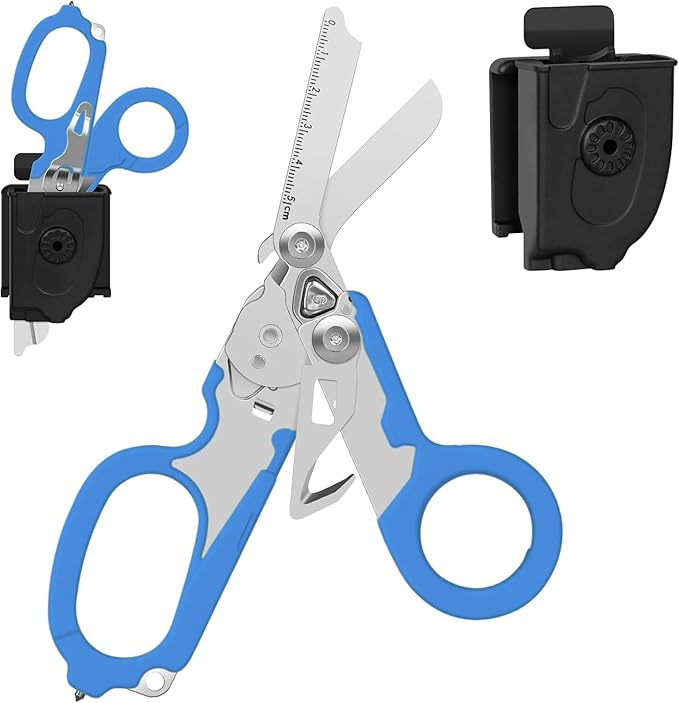 6-in-1 Heavy Duty Emergency/Trauma Shears, with Carbide Glass Breaker, Ring Cutter, Foldable, Stainless Steel Multi-Purpose Scissors for Hospital, Home, Camping, and Travel Rescue Tools (Blue)