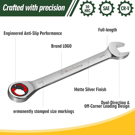 8-Piece Ratcheting Combination Wrench Set, Matte Silver Finish, SAE 5/16-3/4 in, 72-Tooth Ratchet Gears, 5째 Swing Arc, Anti-Slip Tooth Design, Cr-V Steel, Full Chrome Plated, Foldable Storage Pouch