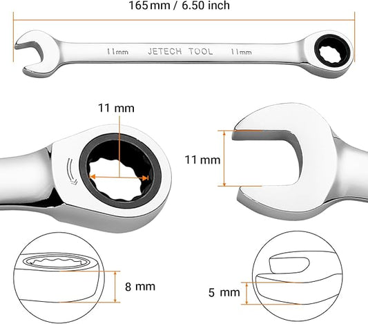Jetech 11mm Ratcheting Combination Wrench, Industrial Grade Gear Spanner with 12-Point 72-Tooth Ratchet, Forged and Heat-Treated Cr-V Steel, Metric