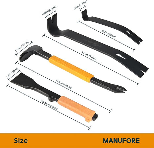 MANUFORE 4pcs Pry Bar Nail Puller Set, 12??Flat Pry Bar, 7.5??Flat Pry Bar, 12??Crow Bar with Hammer, 9??Chisel (Orange)