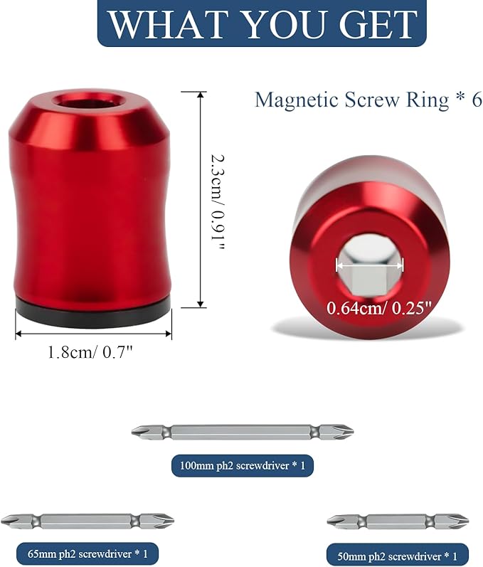 6pcs Magnetic Screw Holder, Screwdriver Head Magnetic Ring Magnetic Screw Ring with 3 Pieces Ph2 Screwdriver Bit Set, Bit Magnetizer for 1/4 Inch/ 6.35 MM Hex Screwdriver & Power Bits