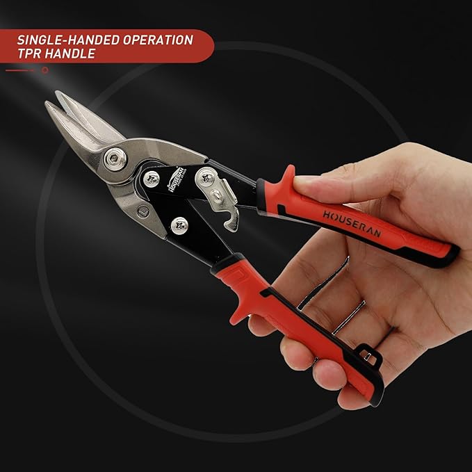 10 Inch Aviation Snips, Left Cut Offset Tin Snip, Heavy Duty CR-MO Tin Cutters with Double Lever, Scale Markings & Safety Lock, Sheet Metal Snips, Shears Scissors for Cutting Metal Sheet