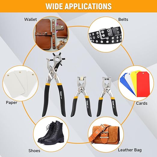 Hoteche 3-in-1 Leather Belt Hole Punch + Eyelet Plier + Snap Button Grommet Setter Tool Kit for Fabric, Shoes,Leather, Clothes, Belt