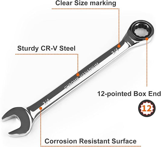 Egofine 3/4 ratchet wrench and 7/16 wrench, SAE Ratcheting Wrench Set, Industrial Grade Gear Spanner with 12-Point Design, 72-Tooth Ratchet, Chrome Vanadium Steel