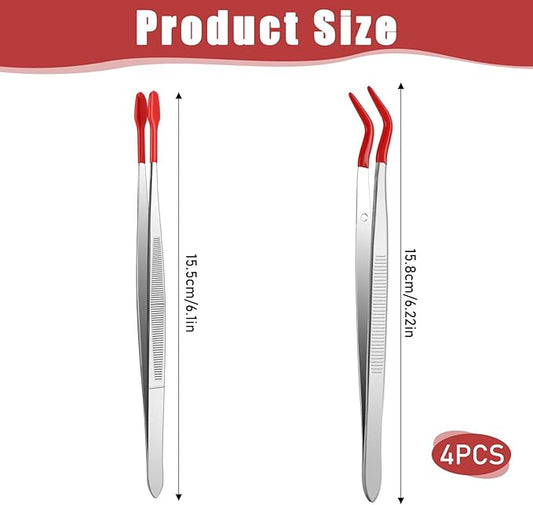 Rubber Tipped Tweezers, 4 Pcs PVC Coated Craft Tweezers Jewelry Tweezer Long Bent and Straight Flat Tip Precision Tweezer for Crafts Stamps Coin Beads Jewelry Industrial Electronic Lab (Red)