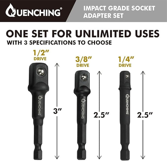 3-Pcs 3 Inch Impact Grade Socket Adapter Set, Extension Bit Adapters with Holder, 1/4 Inch, 3/8 Inch, 1/2 Inch Drive, 1/4 Inch SAE Hex Shank, Cr-V with Black Phosphate Finish
