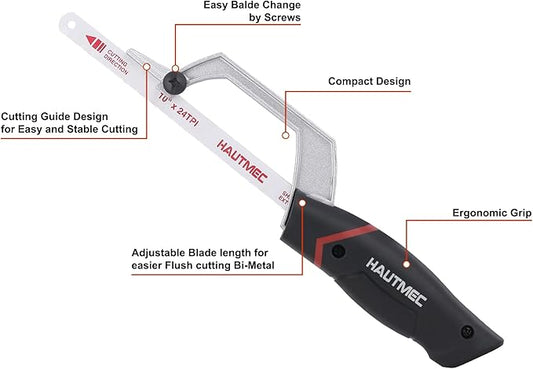 HAUTMEC Compact Hacksaw, Mini Hack Saw with 3Pcs 10" Bi-Metal HSS Blade, Cutting Guide Design & Tool-Free Screws, Small Hand Saw for Metal Wood PVC, Especially Cuts in Tight Hard-Reach Spaces –HT0426