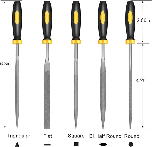 Mini Metal Needle File Set, 5pcs, Small Hand Files Set for Detail and Precise Work, Hardened Alloy Strength Steel File Tools Includes Round, Bi Half-Round, Flat, Square, Triangular File