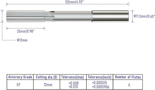 Chucking Reamer 12mm, H7 HSS Cobalt M35 Lathe Machine Reamer Metric, 6 Straight Flutes, Round Straight Shank Milling Cutting Tool, for Stainless Steel Alloy Copper Metal