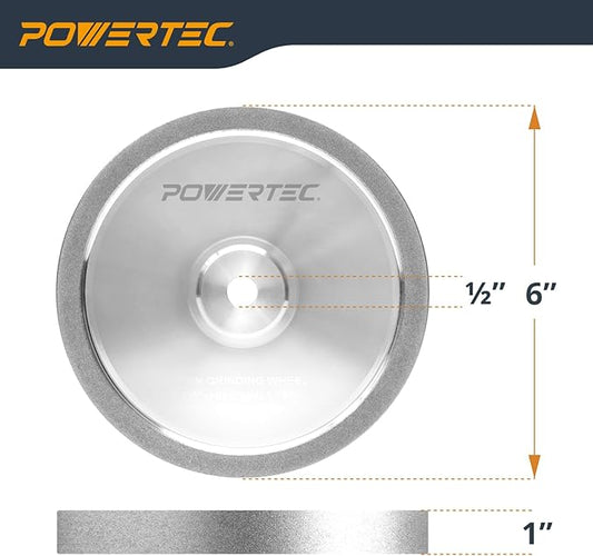 POWERTEC CBN Grinding Wheel 6 Inch 180 Grit, 1" Wide, 1/2" Arbor ??Bench Grinder Sharpening Wheel for HSS Tools, Lathe Chisels, and Woodturning Tools (15704)